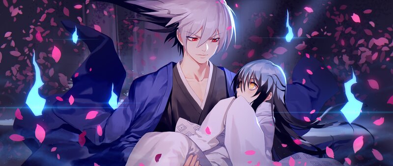 Two Anime Characters — Purple, Dramatic, Night, Cherry Blossoms, Blue Flames