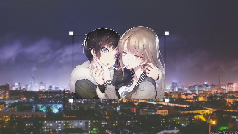 Two Anime Characters — Purple, Dramatic, Night, Cityscape