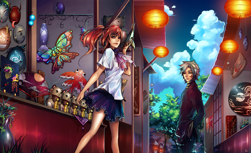 Two Anime Characters — Purple, Dramatic, Night, Digital Art, Lanterns