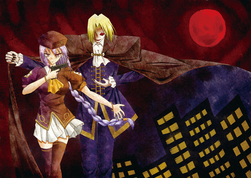 Two Anime Characters — Purple, Dramatic, Night, Gun