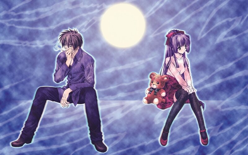 Two Anime Characters — Purple, Dramatic, Night, Moon, Teddy Bear