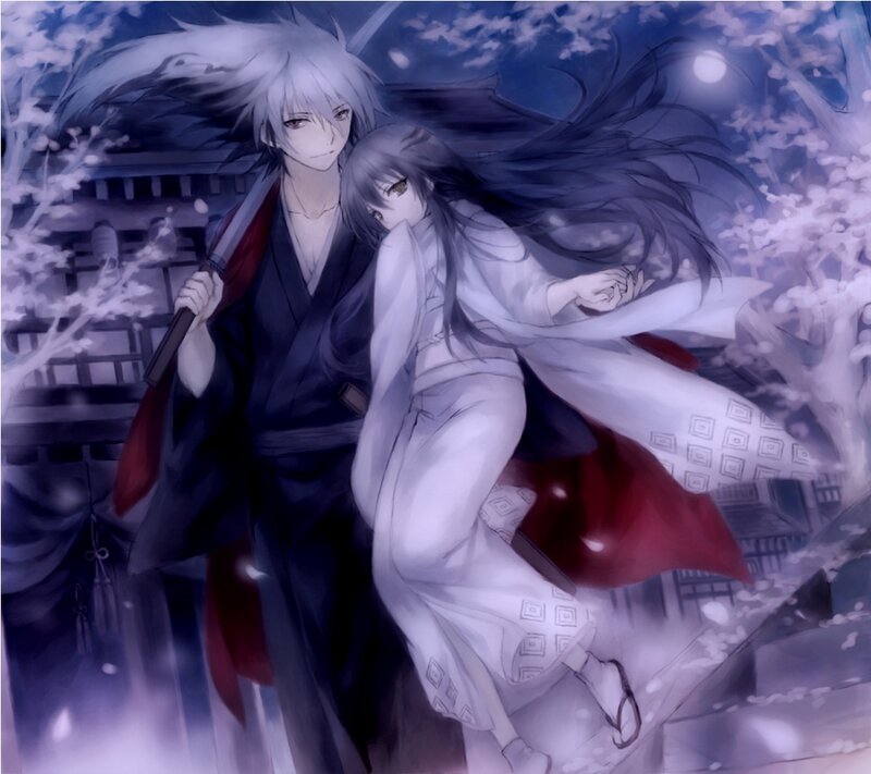 Two Anime Characters — Purple, Dramatic, Night, Sakura Trees