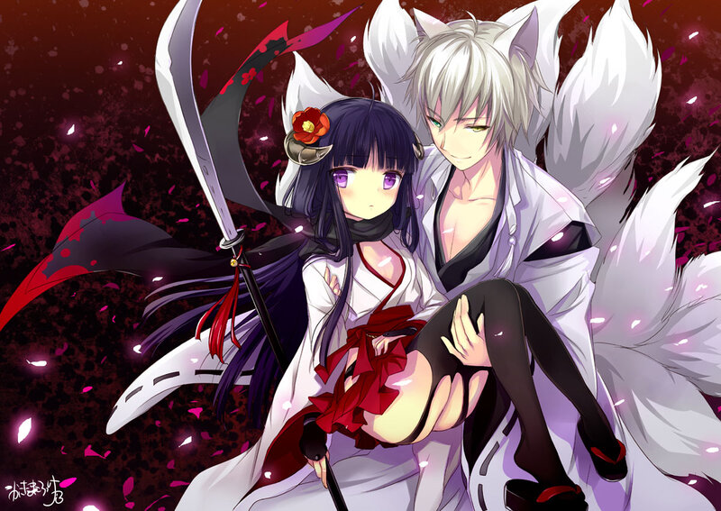Two Anime Characters — Purple, Dramatic, Night, Sword, Fox Ears