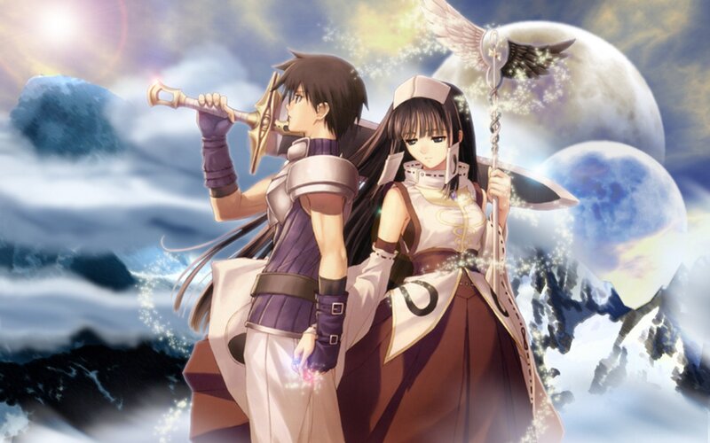 Two Anime Characters — Purple, Dramatic, Night, Sword, Staff