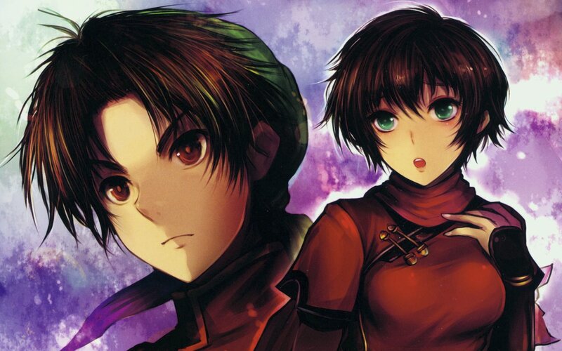 Two Anime Characters — Purple, Dramatic, Purple Background, Green Eyes