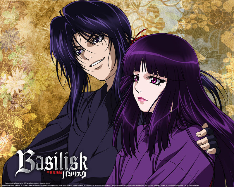 Two Anime Characters — Purple, Dramatic, Purple Hair, Kimono