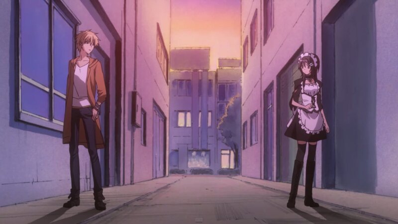 Two Anime Characters — Purple, Dramatic, Sunset, Alley