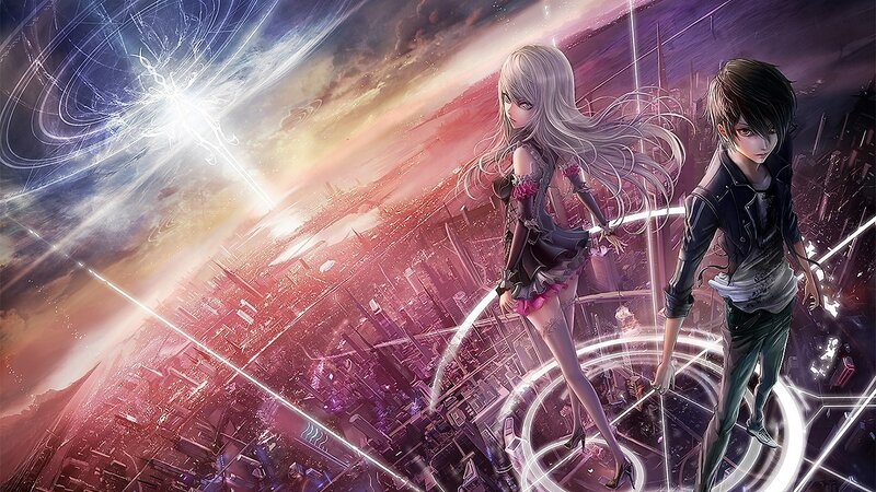 Two Anime Characters — Purple, Dramatic, Sunset, Digital Art, Cityscape, Energy Beams