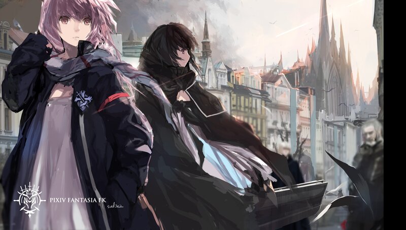 Two Anime Characters — Purple, Dramatic, Sunset, Digital Art, Cityscape