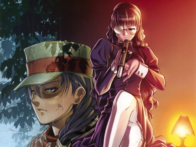 Two Anime Characters — Purple, Dramatic, Sunset, Gun