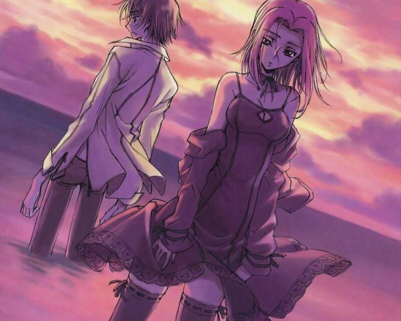 Two Anime Characters — Purple, Dramatic, Sunset, Sky