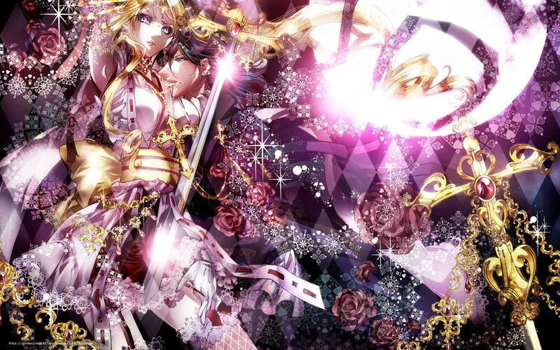 Two Anime Characters — Purple, Dramatic, Swords, Roses