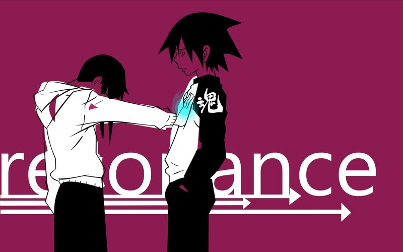 Two Anime Characters — Purple, Dramatic, Text, Hologram
