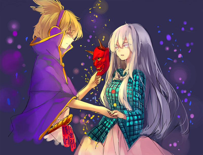 Two Anime Characters — Purple, Dreamy, Night, Digital Art, Mask
