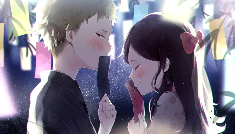 Two Anime Characters — Purple, Romantic, Night, Paper Slips