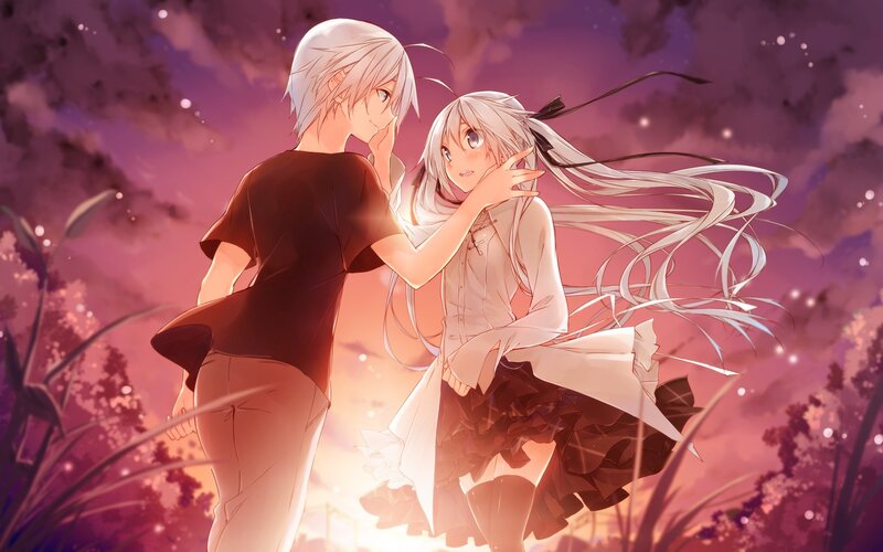 Two Anime Characters — Purple, Romantic, Sunset, Long Hair, Grass