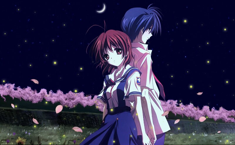 Two Anime Characters — Purple, Serene, Night, Cherry Blossoms, Moon