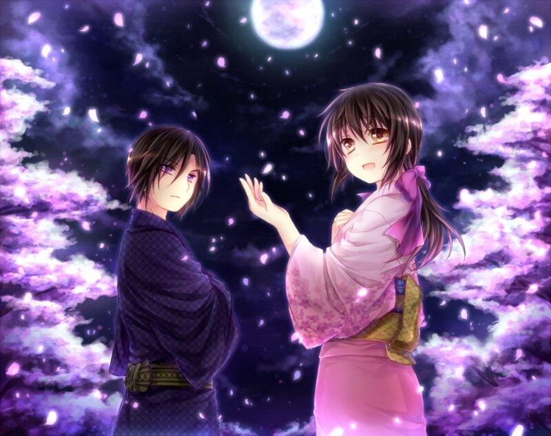 Two Anime Characters — Purple, Serene, Night, Cherry Blossoms