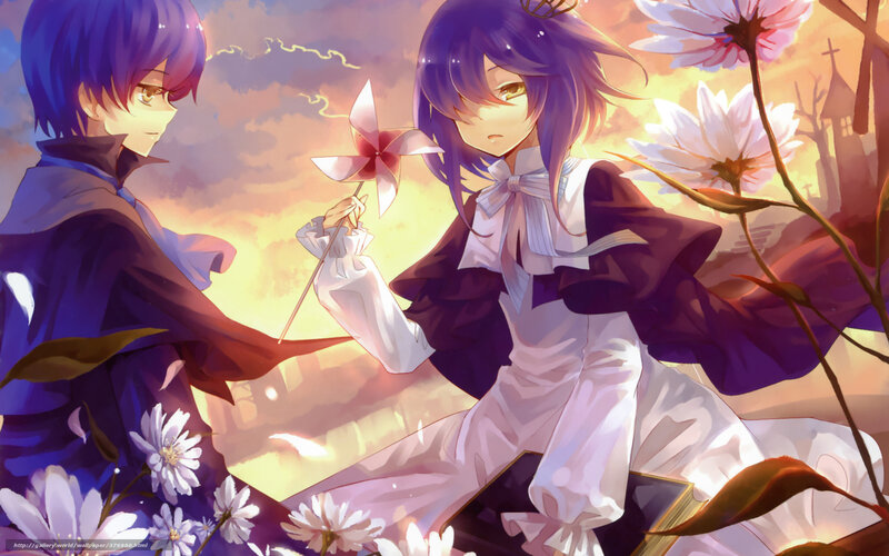 Two Anime Characters — Purple, Serene, Sunset, Flowers