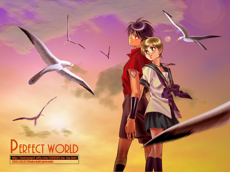 Two Anime Characters — Purple, Serene, Sunset, Seagulls