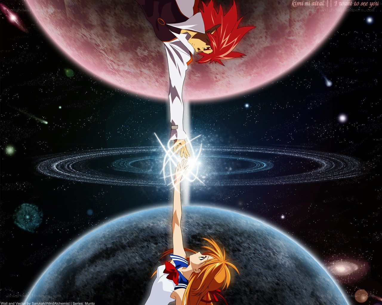 two anime characters reaching for each other