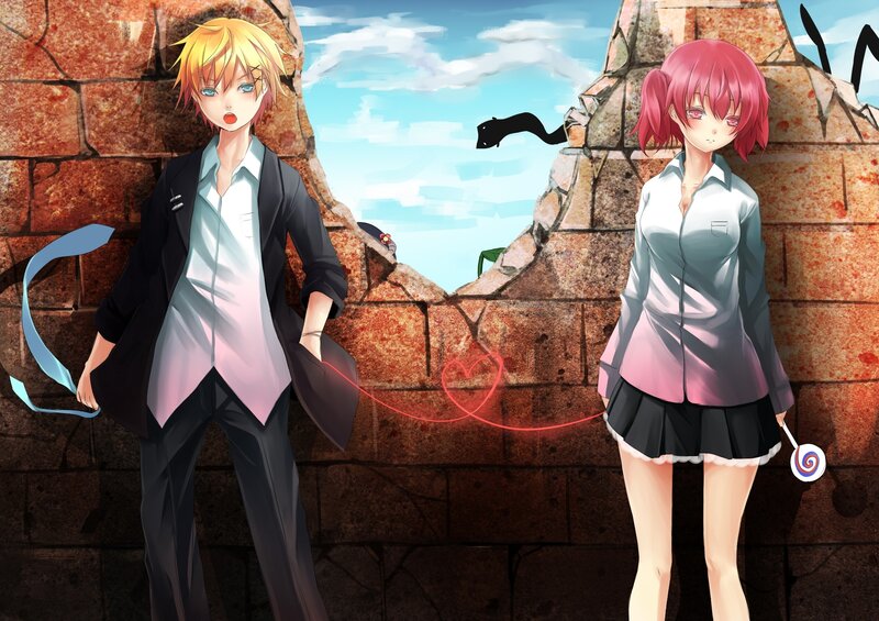 Two Anime Characters — Red, Dramatic, Afternoon, Wall