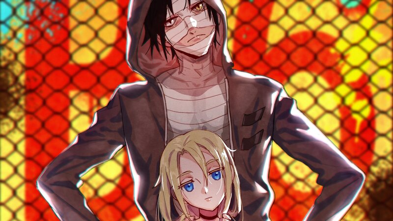 Two Anime Characters — Red, Dramatic, Chain-link Fence