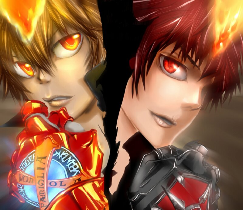 Two Anime Characters — Red, Dramatic, Fire, Eyes