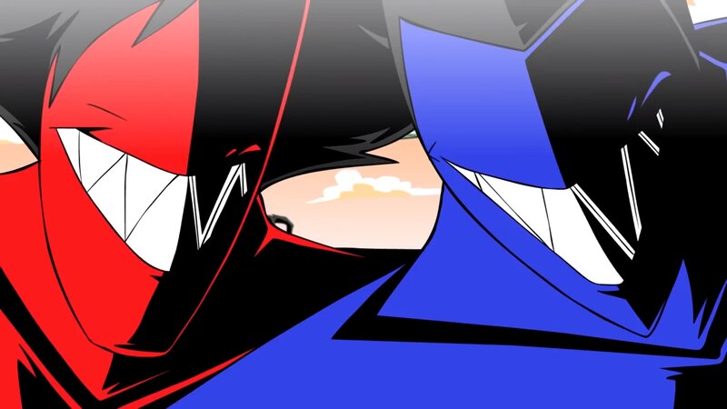 Two Anime Characters — Red, Dramatic, Grinning Faces