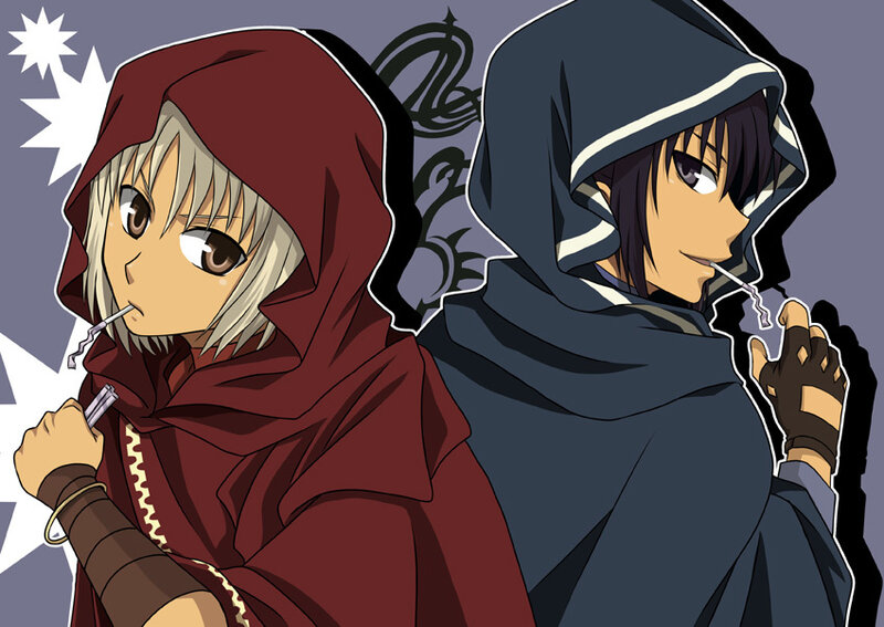 Two Anime Characters — Red, Dramatic, Hooded Cloaks