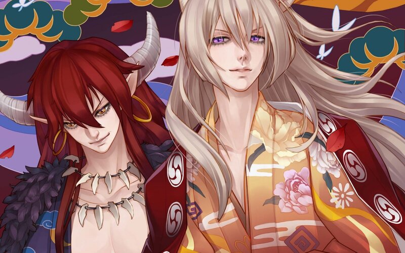 Two Anime Characters — Red, Dramatic, Horns, Kimono