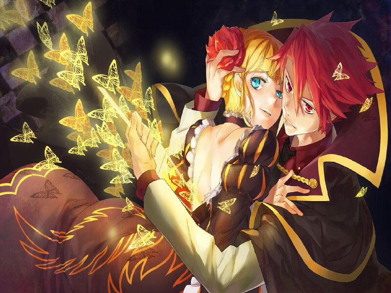Two Anime Characters — Red, Dramatic, Night, Butterflies, Rose