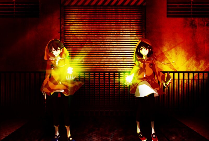 Two Anime Characters — Red, Dramatic, Night, Hooded Jackets