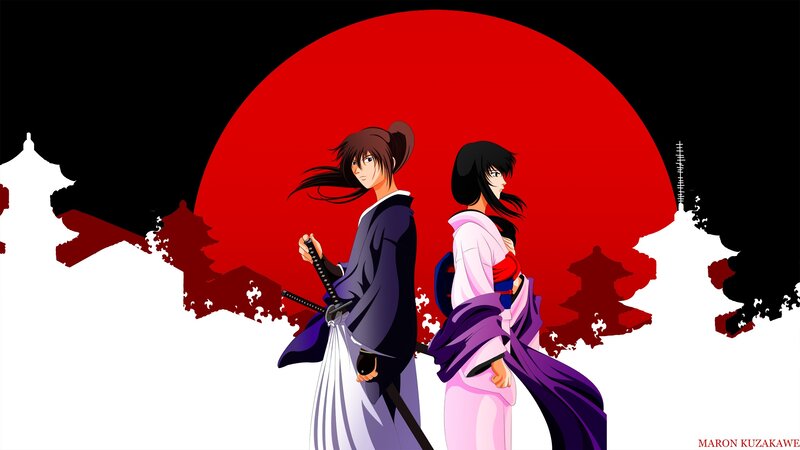 Two Anime Characters — Red, Dramatic, Night, Swords, Kimono