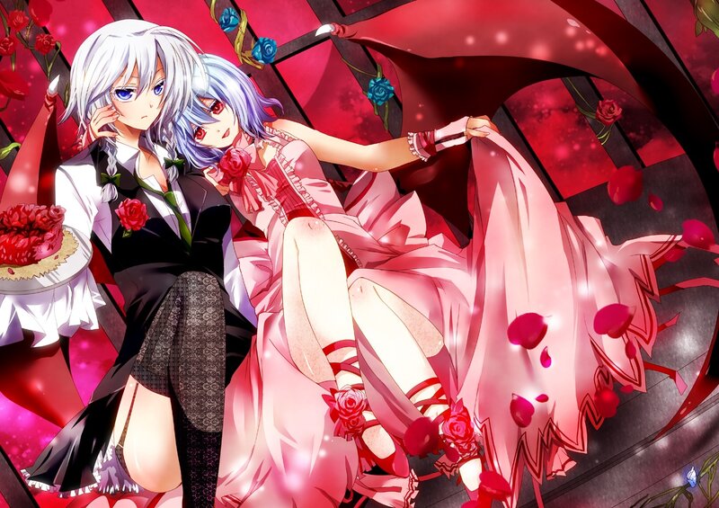Two Anime Characters — Red, Dramatic, Roses, Cake, Dress