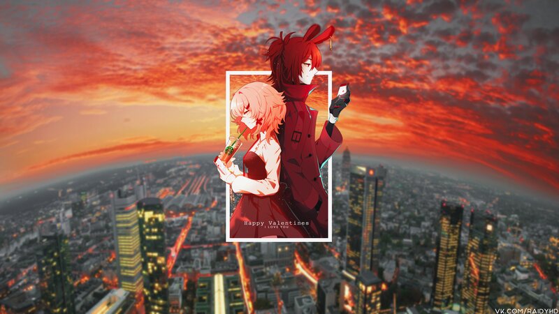 Two Anime Characters — Red, Dramatic, Sunset, Cityscape