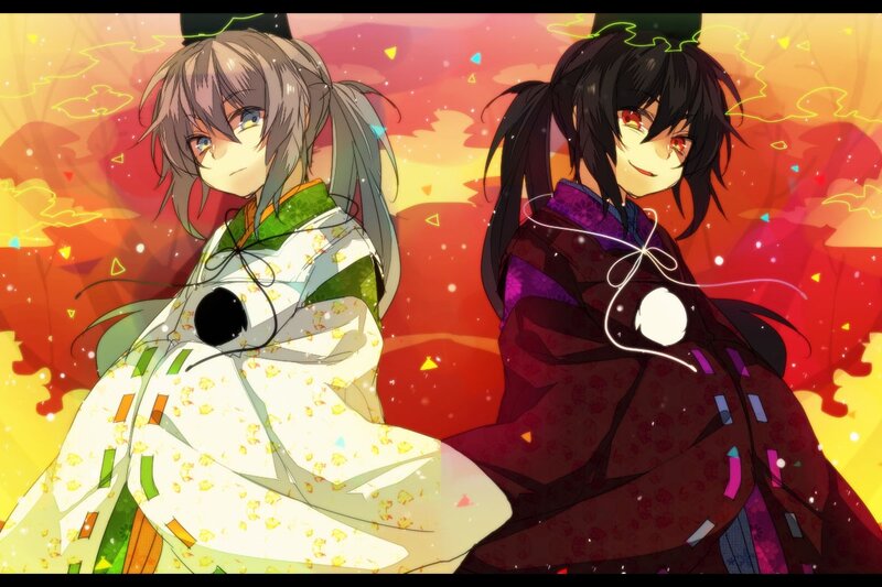 Two Anime Characters — Red, Dramatic, Sunset, Kimono, Pigtails