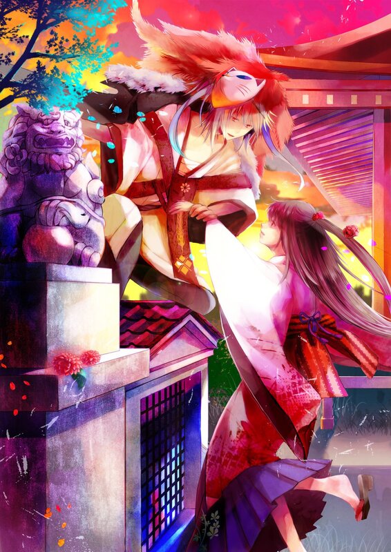 Two Anime Characters — Red, Dramatic, Sunset, Statue, Kimono