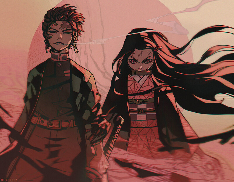 Two Anime Characters — Red, Dramatic, Sunset, Swords, Kimono