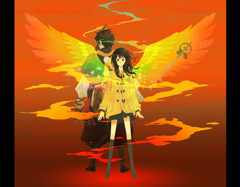 Two Anime Characters — Red, Dramatic, Sunset, Wings