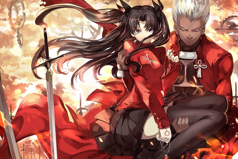 Two Anime Characters — Red, Dramatic, Sword, Fire, Mechanical Parts