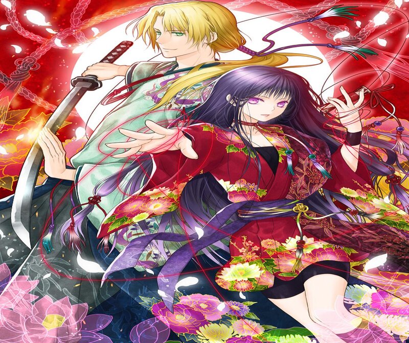 Two Anime Characters — Red, Dramatic, Swords, Kimono, Flowers