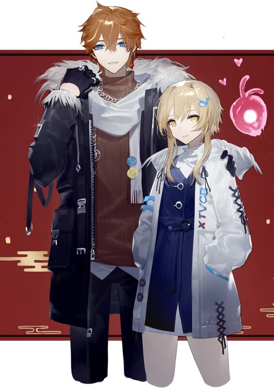 Two Anime Characters — Red, Playful, Heart