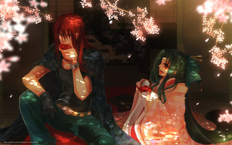 Two Anime Characters — Red, Serene, Spring, Cherry Blossoms