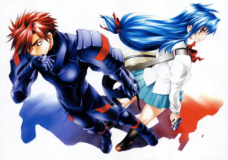 Two Anime Characters Running — Blue, Dynamic, Gun