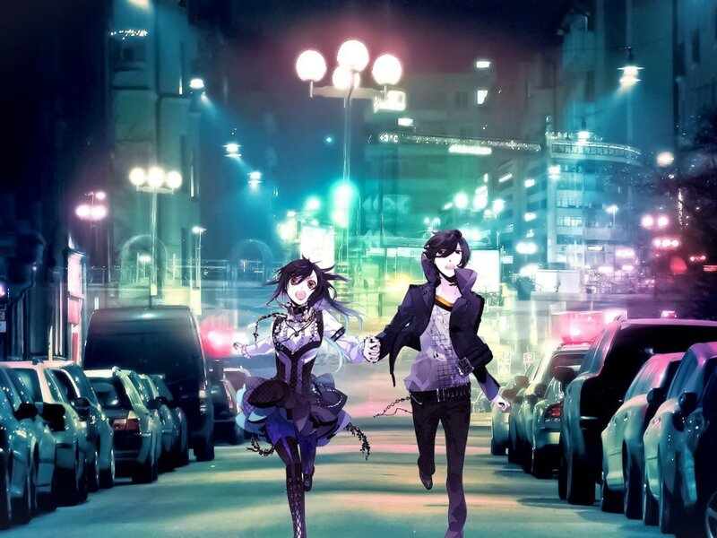 Two Anime Characters Running — Purple, Dramatic, Night