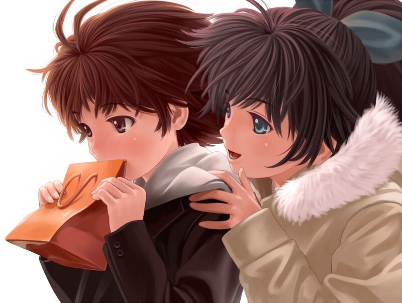 Two anime characters sharing a snack