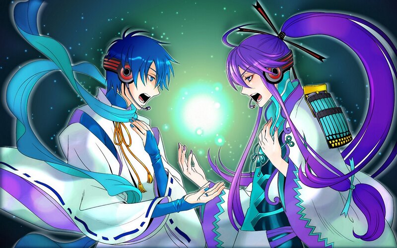 Two anime characters singing together