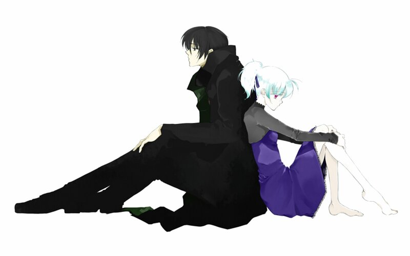 two anime characters sitting back to back