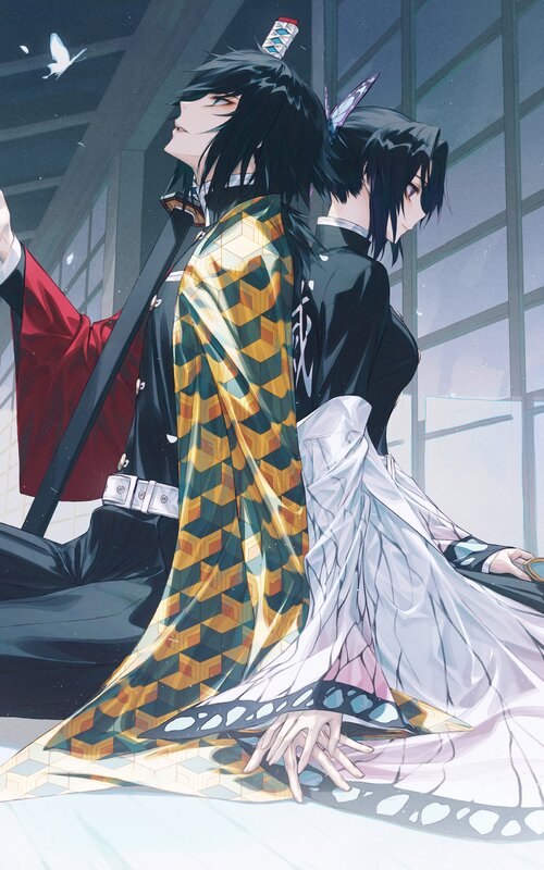 Two Anime Characters Sitting — Black, Calm, Butterfly